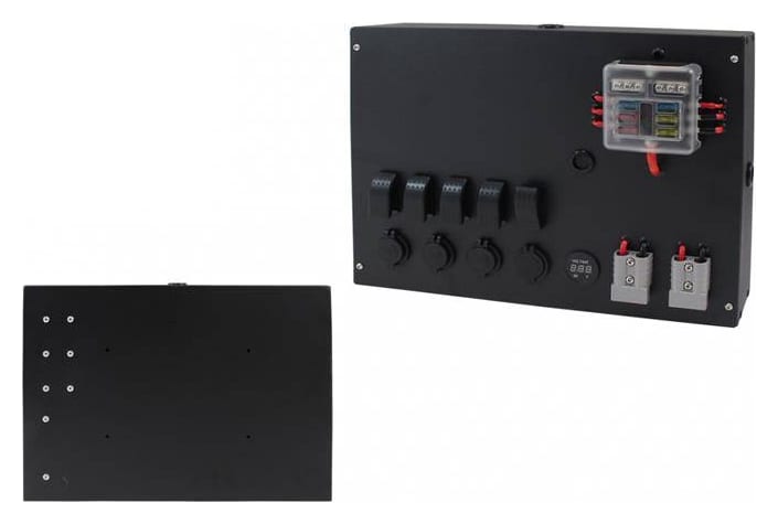 Panel przełączników Box ALU, ON-OFFx5, 3xGZ, USB 3.1A, 1x Voltomierz 6 Bezpieczników IP68