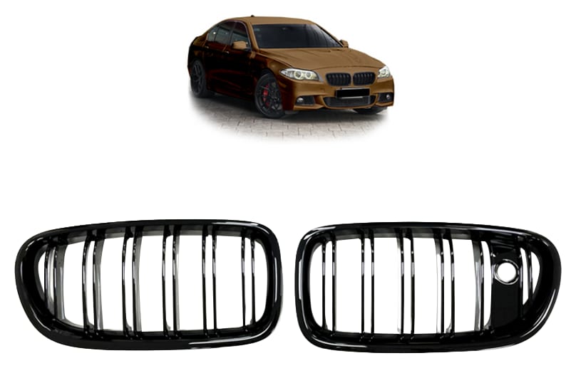 Grill BMW 5 F10 F11 podwójne żeberka Gloss Black camera