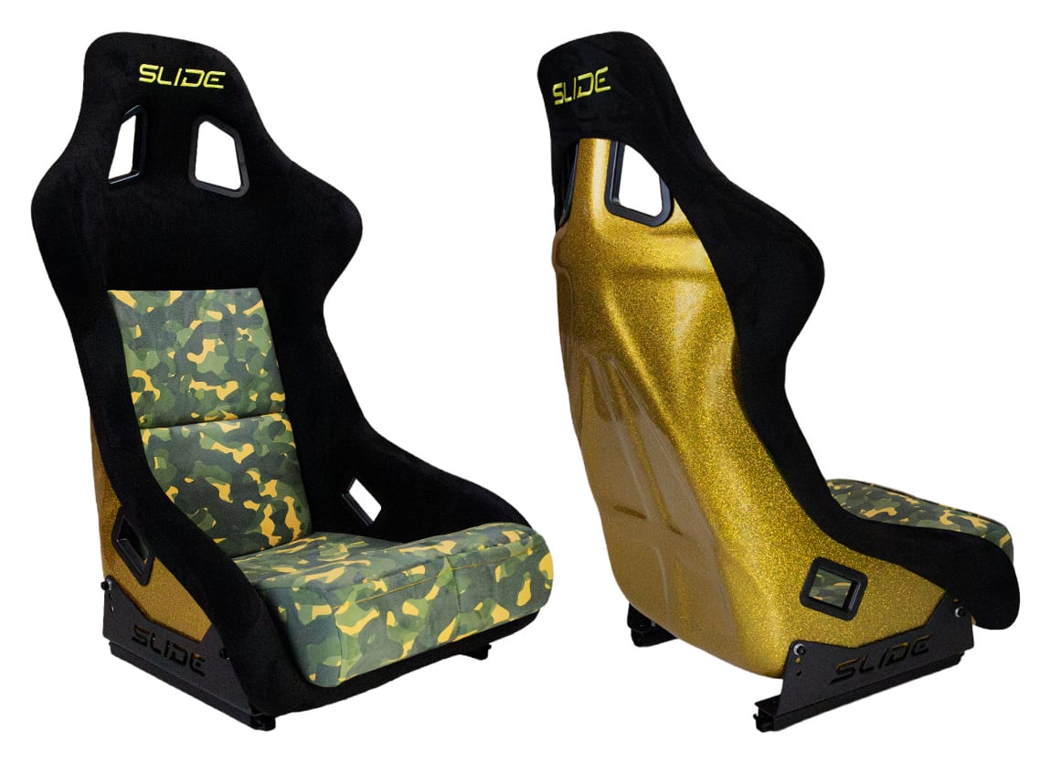 Fotel sportowy SLIDE KS2 Premium Camuflage Dark Green Welur & Yellow Glitter